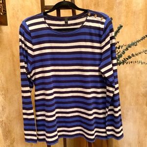 J. Crew White/Navy/Royal Blue Striped L/S Knit Top.  Scoop Neck.  Size XL.